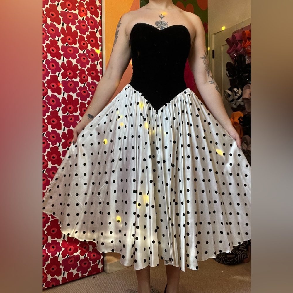 Vintage Handmade 80s does 50s Polka Dot Velvet Midi Dress